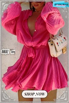 Button O Neck Long Sleeve Shirt Mini Dress Shirt Mini Dress, Puff Long Sleeves, Neck Bodycon Dress, Mode Inspo, Draped Dress, Mini Shirt Dress, Kimono Dress, Sleeveless Mini Dress, Mode Vintage