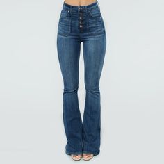 Casual High Rise Dark Wash Flares, High Waist Medium Wash Denim Flares, Casual High Rise Medium Wash Flares, Casual High Rise Flares In Medium Wash, Casual High Rise Denim Flares, High Rise Denim Flares, Casual Dark Wash Denim Flares, Summer Full-length Denim Flares, Summer Full Length Denim Flares