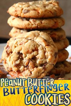 peanut butter butter cookies stacked on top of each other in front of the words, peanut butter butter cookies