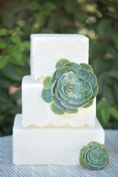 a three tiered white cake with green succulents on the top and bottom