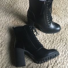 New Never Worn Women's Size: 8 Heel Height: 3.5 In Black Heeled Combat Boots, Shoe References, Black Boot Heels, Fancy Boots, Cute Black Heels, Heel Combat Boots, Heeled Combat Boots, Thick Heel Boots, Fashion Shoes Heels