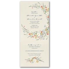 a wedding card with flowers and leaves on the front, in white paper that reads