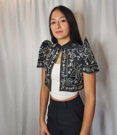 Black bolero available and ships from NY. Piña Cocoon fabric from Lumban, Laguna. A bolero that you can add to your dress to give it a more traditional but modern look.  This is based on Filipino sizes, if you are size small in US size, get M, one size up. Your purchase helps our filipino artisans at the same time supports sustainable and ethical fashion. NOTE: Due to the pandemic, please expect delays on USPS standard shipping, I try my best to ship as soon as I can but USPS is beyond my contro Fitted Tops With Intricate Embroidery For Evening, Intricate Embroidery Fitted Top For Evening, Fitted White Choli For Evening, White Fitted Choli For Evening, White Fitted Evening Choli, Fitted Embroidered Top With Short Sleeves For Party, Fitted Short Sleeve Embroidered Top For Party, Fitted Embroidered Cropped Blouse, Fitted Cropped Embroidered Blouse