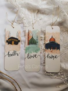 three tags that say faith, love, hope and hija's canvass