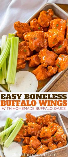 two pictures of buffalo wings with celery and ranch dressing on the side in serving trays