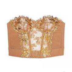 New Very Sexy Gold Sequined Ziggy Glam Floral Embroidery Unlined Corset Top Gold Flower Corset, Embroidery Corset, Embroidery On Tulle, Blue Lace Bra, Strapless Bustier, Corset Bra, Floral Corset, Black Leather Pants, Gold Labels