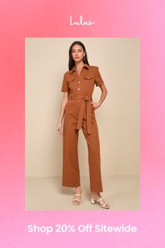 If you want to stay comfortable while looking cute, then the Lulus Practical Perfection Rust Brown Twill Short Sleeve Jumpsuit was made for you! Slightly stretchy woven twill shapes this trendy jumpsuit that has a collared neckline framed by short cuffed sleeves. Bodice has decorative, twin pocket flaps at the front with a functional button placket. Fitted waist features belt loops, a tying sash belt, and a hidden zip fly, all atop straight pant legs with diagonal side pockets and ankle-length hems. Decorative back welt pockets complete the look. Fit: This garment fits true to size. Length: Ankle length. Size medium measures 58.25" from shoulder to hem. Inseam: 29.25 Front Rise: 12.75 Bust: Great for any cup size. Waist: Loosely Fitted. Hip: Loosely Fitted. Undergarments: May be worn with Belted Cotton Jumpsuits And Rompers With Short Sleeves, Short Sleeve Cotton Jumpsuits And Rompers For Fall, Cotton Short Sleeve Jumpsuits And Rompers For Fall, Belted Relaxed Fit Jumpsuit For Work, Brown Short Sleeve Jumpsuits For Work, Chic Relaxed Fit Jumpsuits And Rompers With Pockets, Belted Relaxed Fit Jumpsuits And Rompers For Work, Workwear Relaxed Fit Belted Jumpsuits And Rompers, Relaxed Fit Belted Jumpsuits And Rompers For Work