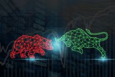 two neon bull and bear images are shown in the foreground, with an arrow pointing to each other