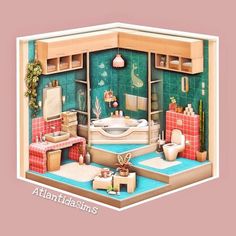 an image of a doll house bathroom with furniture