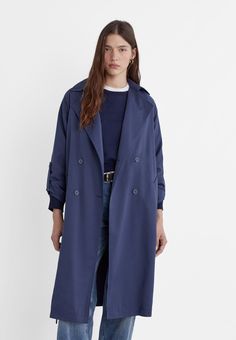 Long flowing trench coat - Women's fashion | Stradivarius United States Coat Women Fashion, Trench Coats Women, Cannes Film Festival, Double Breasted, Coats For Women, Trench Coat, Dark Blue, Women's Fashion, Wardrobe