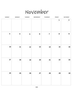 a november calendar with the holidays in black and white, including dates for each month