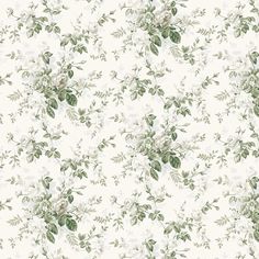 a white and green floral wallpaper with lots of leaves on the top of it