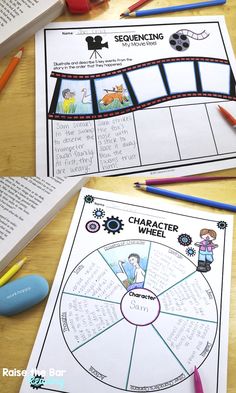 the character wheel worksheet is shown with colored pencils and paper on top