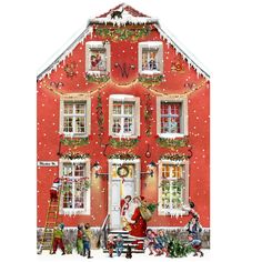 a red house decorated with christmas decorations and people around the front door, all dressed up in santa's clothes