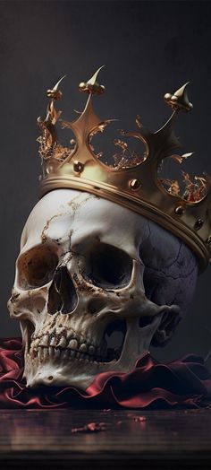 a skull with a crown on it's head sitting on top of a table