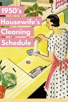 the cover of 1950's housewife's cleaning schedule shows a woman washing dishes