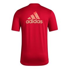 The adidas Men's Red Atlanta United FC Local Pop AEROREADY T-shirt is the perfect way to show your support for the Atlanta United FC. Made from recycled polyester, this comfortable and stylish t-shirt features a crew neck, droptail hem, and AEROREADY technology to keep you cool and dry. Whether you're cheering on the team at the stadium or showing your support around town, this t-shirt is a must-have for any Atlanta United FC fan. AEROREADY technology absorbs moisture and makes you feel dry Crew Red Athleisure T-shirt For Sports Season, Adidas Sportswear T-shirt For Training, Adidas Moisture-wicking T-shirt For Training, Red Three Stripes Activewear For Sports, Red Athleisure T-shirt For Sports, Adidas Training Tops With Three Stripes Branding, Adidas Logo Gym T-shirt, Adidas Logo Gym T-shirt With Short Sleeves, Adidas Logo Gym T-shirt Short Sleeve