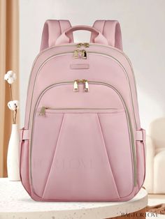 BagForLove - Spacious and Stylish Minimalist Backpack Large Capacity Pink Backpack For On-the-go, Large Capacity Pink Backpack For Travel Or Daily Use, Pink Large Capacity Backpack For On-the-go, Pink Leather Travel Backpack With Zipper, Pink Laptop Backpack For Travel, Pink Leather Backpack For Travel, Check Background, Minimalist Backpack, Details Pictures