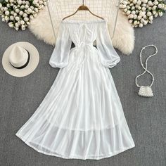 Boho Formal Dress, Chiffon Long Sleeve Dress, White Dress Aesthetic, Girly Backpacks, White Dress With Sleeves, Swift Outfits, Long Sleeve Chiffon Dress, Cherry Dress, Dress Cottagecore