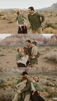 a man and woman are holding their baby in the middle of an open desert area