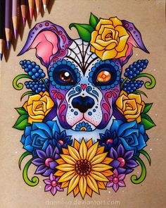 a drawing of a dog with flowers on it's face and eyes, in front of a brown background