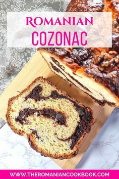 a close up of a loaf of bread on a cutting board with the words roman coznacc above it