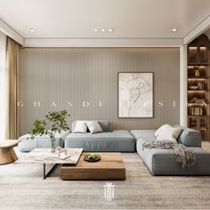 a living room with couches, coffee table and bookshelves on the wall