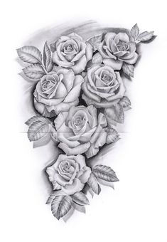 a drawing of some roses with leaves on it's side and the bottom half