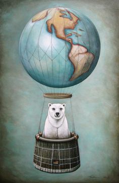 a painting of a polar bear in a hot air balloon with the earth on it's back