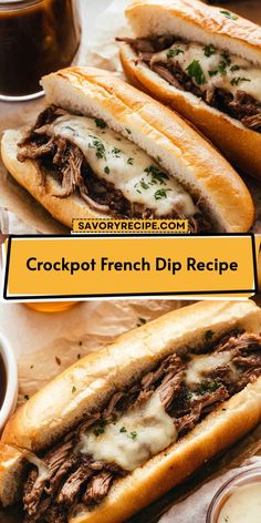 two crockpot french dip sandwiches sitting next to each other