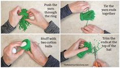 four pictures showing how to crochet the ends of yarn balls with green yarn