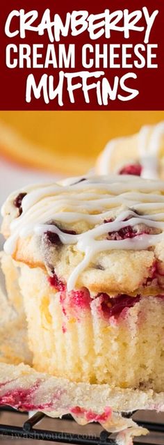 cranberry cream cheese muffins on a cooling rack with the title overlay