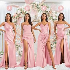 the bridesmaids are wearing pink dresses with thigh high slits and one side split