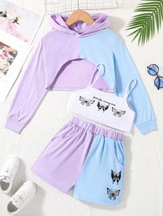 Azul Casual Collar   Animal,Color combinado,Letras,Mariposa  Embellished Elástico Ligero Primavera/Otoño Cute Clothes Ideas For School, Ball Gowns Fantasy, Cute Outfits With Shorts, Hoodie Shorts, Slay Outfits, Casual Outfits For Teens, Cute Dress Outfits, Casual Preppy Outfits, Shein Outfits