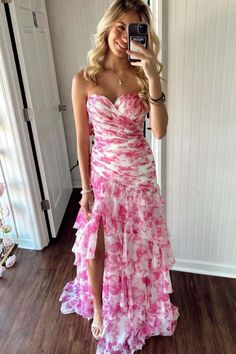 Strapless White and Pink Tiered Long Dress with Slit Gorge Dresses, Summer Prom Dresses, Hoco Court, Sorority Dresses, Ring Dance, Ruffle Long Dress, Ruffle Prom Dress, Strapless Long Dress, Prom Inspo