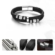 Stainless Steel Leather Men's Bracelets is a double layered bracelet which is made up of leather and is black in color. It has braided leather with black and solver color beads in the center and an adjustable hook which makes it easy fit for any size. It is a must have piece of jewelry for men as it is versatile and goes with all outfit and any occasion. Specifications: Material: Stainless Steel, Leather Length : 21+5cm Gender: Men Adjustable Black Metal Braided Bracelet, Adjustable Black Leather Bracelet With Stainless Steel Clasp, Adjustable Black Braided Bracelet With Stainless Steel Clasp, Modern Black Braided Bracelets, Adjustable Black Leather Beaded Bracelets, Adjustable Black Leather Braided Bracelet, Black Leather And Stainless Steel Adjustable Bracelet, Black Leather Double Band Bracelets, Layered Bracelet