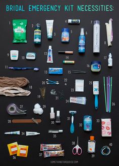 the contents of a bride's emergency kit laid out on a blackboard with white writing