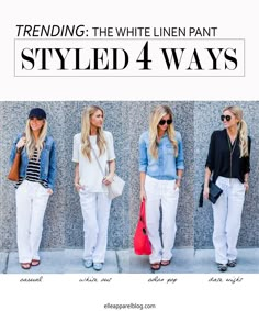 Elle Apparel: THE TOP TREND SERIES: FOUR WAYS TO STYLE WHITE LINEN PANTS Wearing White Jeans, Wide Leg White Linen Pants, Linen Pants Style, Leanne Barlow, Elle Apparel, Linen Outfits