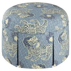 Available online exclusively at One Kings Lane: A stylish companion for the club chair or sofa, this round ottoman flaunts a pleated skirt and lively chinoiserie pattern. Bolstered to a sturdy pine frame with pillow-top padding for a dose of cushy comfort. Handcrafted in the USA. Skirted Ottoman, Chinoiserie Pattern, Elephant Logo, Luxury Home Furniture, Blue Lion, Round Ottoman, Ottoman In Living Room, Upholstered Ottoman, Pillow Top