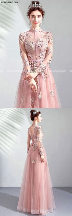 Pink Long Sleeve Evening Dress For Banquet, Long Sleeve Pink Evening Dress For Banquet, Long Sleeve Gown For Spring Evening, Pink Long Sleeve Prom Gown, Pink Long Sleeve Gown For Prom Season, Pink Long Sleeve Gown For Prom, Pink Long Sleeve Gown For Evening, Winter Wedding Pink Dresses, Pink Long Sleeve Dress For Prom Season