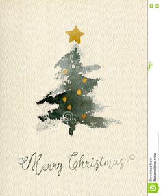 a christmas card with a tree and stars on the top, in watercolor style