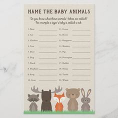 a baby shower game with animals on it