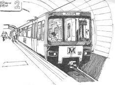 a black and white drawing of a subway train