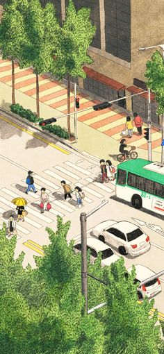 an aerial view of people crossing the street in front of a bus and bicycle riders