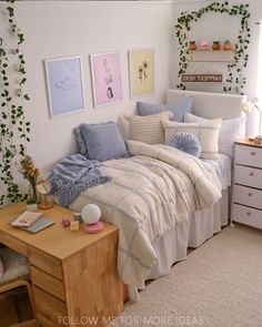 a bed sitting in a bedroom next to a wooden dresser and white wall with plants on it