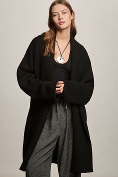 Cozy up to the Mariel, a fan-fave layer with an oversized fit and chic rolled collar. | The Mariel Longline Cardigan Sweater by Anthropologie in Black, Women's, Polyester/Nylon/Wool Unique Women Tops, Longline Sweater, Lacy Tops, Rolled Collar, Longline Cardigan, Wrap Cardigan, 50 Fashion, Business Fashion, Women's Tops