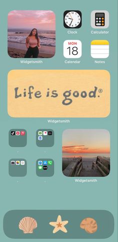 an iphone screen with the words life is good on it and pictures of seashells