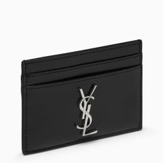 a black card holder with a white ysl logo on it