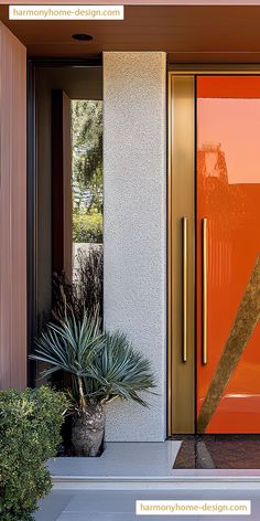 an orange front door with two planters on either side and one potted plant next to it