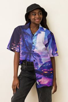 Check out this bold button-down shirt with a trendy oversized fit, that works well for outfit layering! Meet your new favorite Cyberpunk Hawaiian Moon Shirt! It exudes coolness both in terms of style and material. Plus, its featherlight and moisture-wicking material ensures comfort even on the hottest days. This Vaporwave Button Up Shirt with neon purple art is perfect for your summer adventures. Crystal Moon ️ Immerse yourself in the captivating cyberpunk dreamscape of "Crystal Moon." This neon Streetwear Camp Shirt With Button Closure, Streetwear Camp Shirt With Button Closure And Camp Collar, Collared Tops For Summer Streetwear, Summer Collared Short Sleeve Shirt For Streetwear, Collared Short Sleeve Shirt For Summer Streetwear, Streetwear Snap Button Shirt, Streetwear Snap Button-up Shirt, Trendy Short Sleeve Camp Shirt For Streetwear, Streetwear Button-up Shirt With Snap Buttons